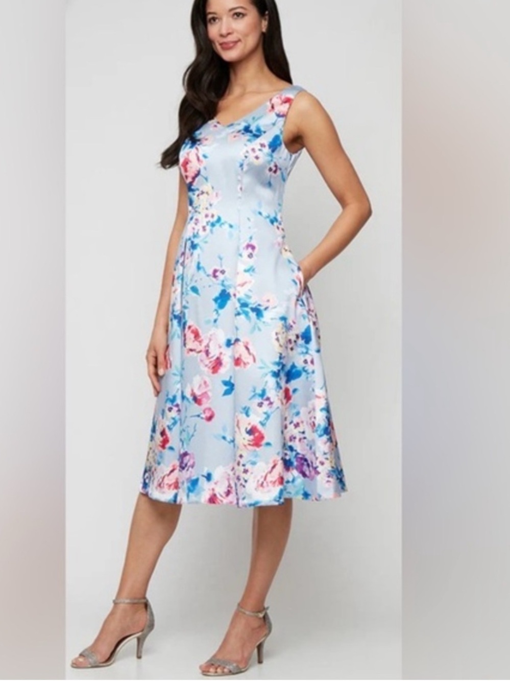 Alex Evenings Light Blue Floral Midi Dress NWOT
